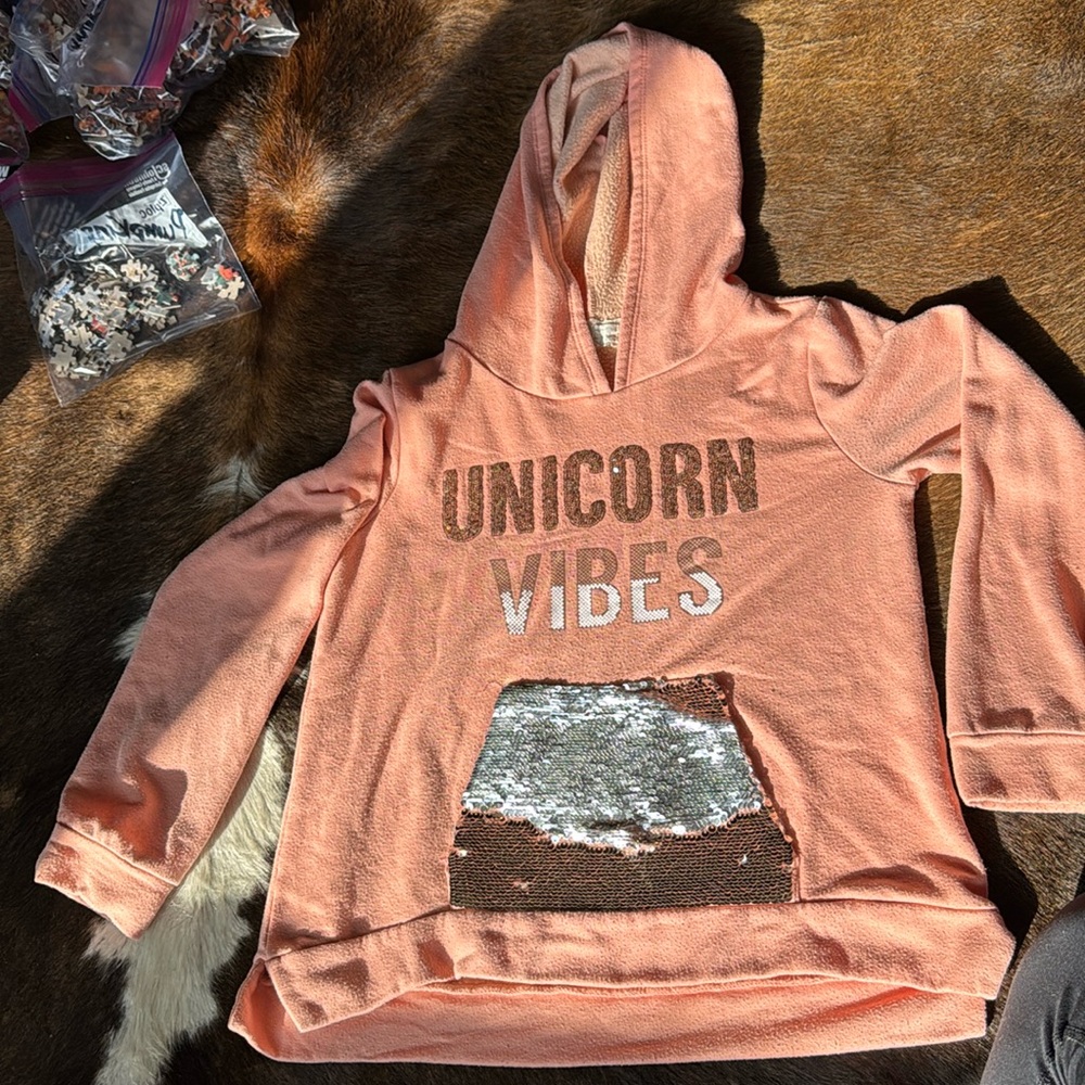 Unicorn vibes hoodie! Girls size 10. Peach in color